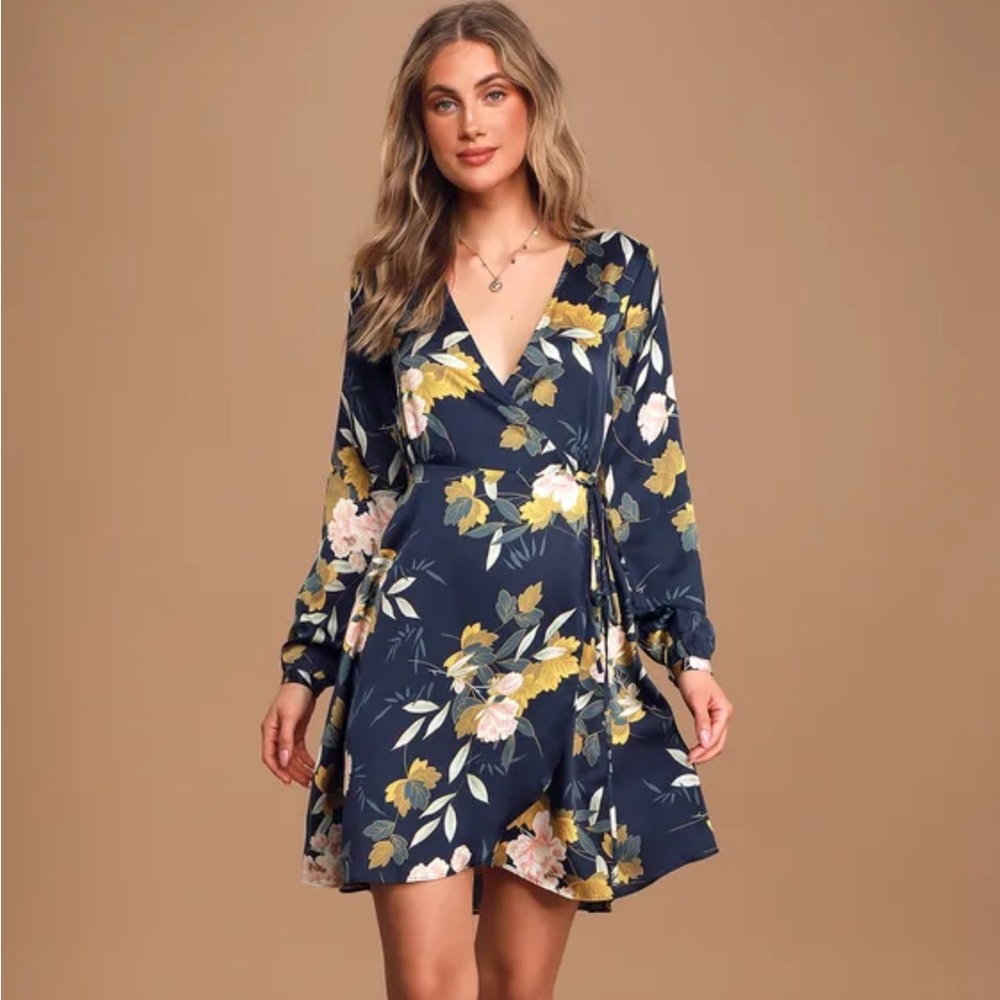 Lulus Satin Long Sleeve Floral Wrap Dress